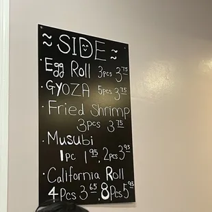 a menu on the wall