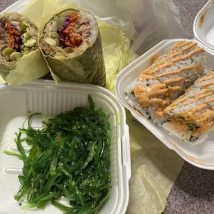 Sushi, Salmon Rush Sushiritto, Seaweed Salad