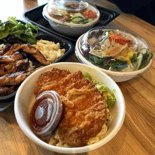 Pork Katsu (bottom left) BBQ Chicken (top left) Poke Bowl (others)