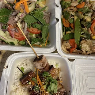 Beef Salad, Basil Chicken, Pork Belly Skewers
