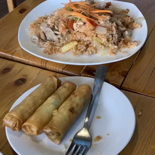 Spring rolls with pineapple fried rice and pork