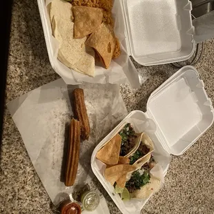 Cheese Quesadilla, Rice, Churro, and three Carne Asada tacos!
