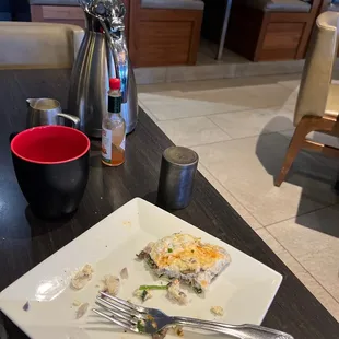 Half eaten egg white omelette the place was just OK very busy but they had a buffet that was decent and you could get an omelette