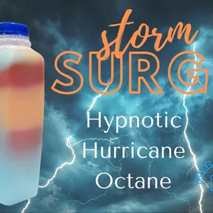a bottle of liquid with lightning in the background