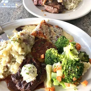 The Grill Mix (salmon, crab cake, petite filet, seasonal vegetables, red skin smashed potatoes)