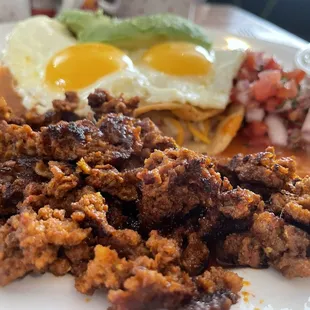 My first go at hevos ranchos with a side of delicious chorizo. Omg it was good!