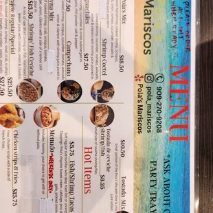 Menu. Oysters and ceviche
