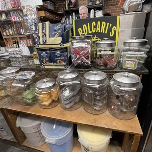 The interior of Polcari's Coffee Shop in The North End Boston various Italian packaged goods  - an institution since 1932