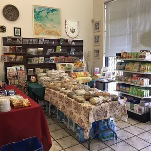 a variety of foods on display in a store