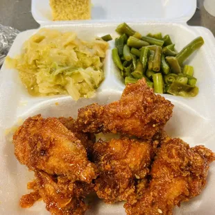 Hot Honey Wings, cabbage, green beans and cornbread.