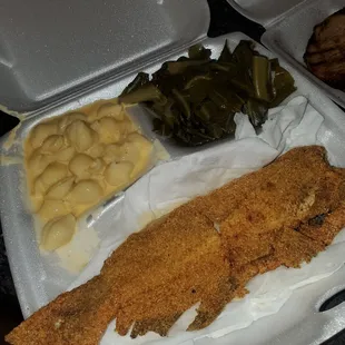 fried fish, macaroni, and cheese