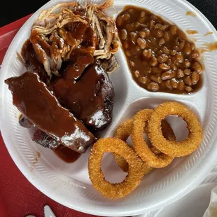 Ribs. Pulled Pork. Beans. Rings. Solid lunch!!