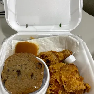 Famous fried chicken, country potato salad, oven baked beans, soft roll w/ butter, chocolate chip cookie