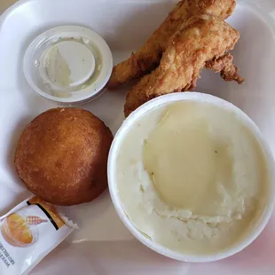 Mashed potatoes, honey puff and chicken tenders with ranch