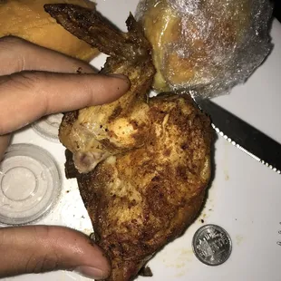 Rotisserie breast and a wing. SUPER SMALL! Compared to a quarter.