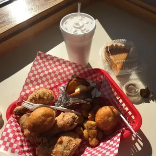 4 pieces dark, baked sweet potato, fried okra, Sweet potato pie, and a sweet tea to wash it all down.