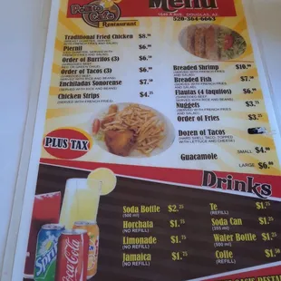 the menu for the restaurant