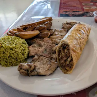 Chicken thigh, cilantro rice, fries, and chicken chimichanga.