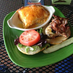 Grilled Chicken sandwich on a pretzel bun.  Side item is pimento and bacon Mac-n-cheese... This was amazing!