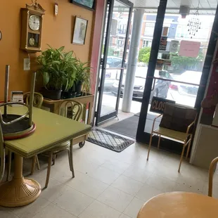 a table and chairs in a restaurant