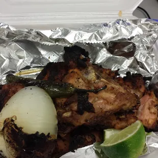 1/2 chicken plate $6.50. Not pictured: double side of rice, side of charro beans, and five corn tortillas (all included in price)