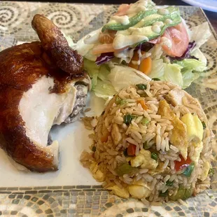 1/4 chicken plate with avocado salad and arroz chaufa