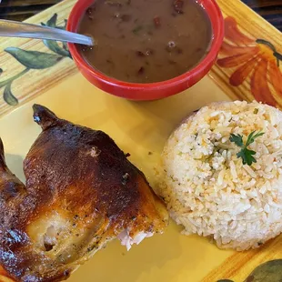 Peruvian chicken, red beans, Mexican rice