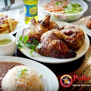 Craving for some rotisserie chicken? We have the best flavor in town. Fried plantains, Salchipapas, Avocado salad and rice with beans.