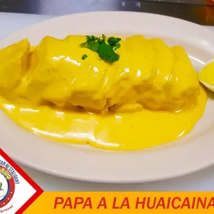 Papa a la huaicaina
 boiled potato slices with the delicious spicy huaicaina sauce.