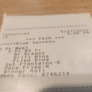 Receipt personal meal breast.