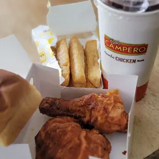 2 piece fried chicken meal.  Leg &amp; thigh, yucca fries and dinner roll. Hibiscus/Jamaica water