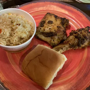 Two piece meal, grilled leg and thigh. Campero rice was yummy! The roll was just bland plain. Would&apos;ve preferred a tortilla!