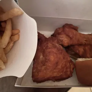 Chicken, bread roll and fries