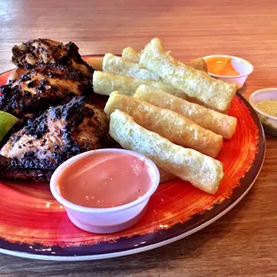 Grilled 3 piece (2 thighs one Leg) and Yuca Fries! I recommend the creamy cilantro sauce. The other ones taste too sweet.