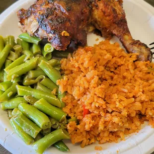 Leg quarter, green beans, and Spanish rice  for lunch :)
