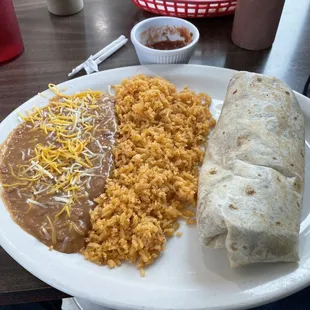 Carne Asada burrito with rice and beans.
