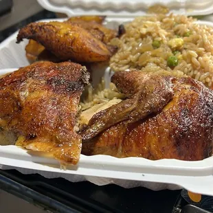 Rotisserie chicken, fried rice and fried plantains