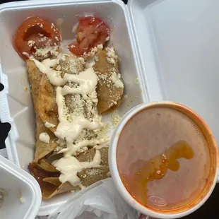 Taquitos de tacos (shredded chicken rolled in a fried corn tortilla) delicious