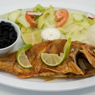 a plate of fish and rice