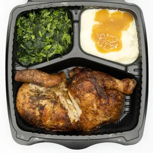 chicken, mashed potatoes, spinach and mashed potatoes