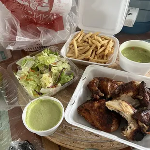 We ordered the whole chicken with fries and salad on the side and comes with cilantro and soup and aji verde