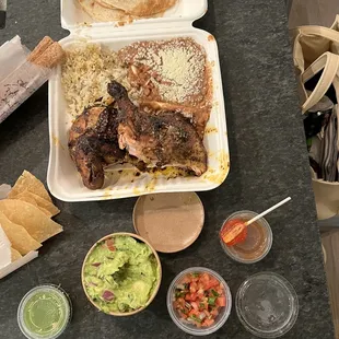 a table with food and drinks