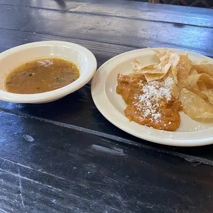 Chips and Salsa with Beans (amazing)!