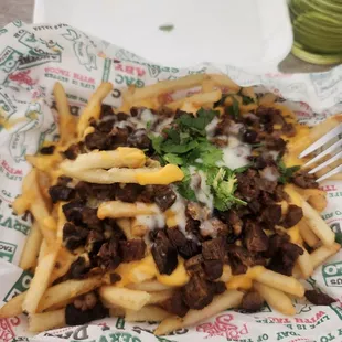 a plate of fries and a fork