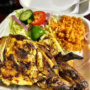 Half chicken, rice &amp; salad $1-