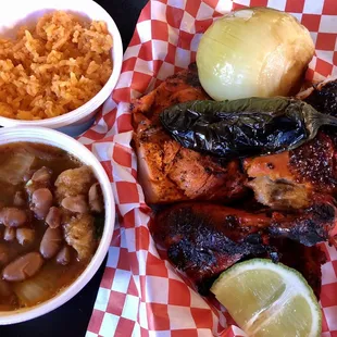 1/2 Chicken , charro beans, rice, grilled onion... $8.89 Lunch Special. Includes 1 liter size Agua Fresca.