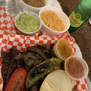 1 lb Beef fajita with rice, beans, tortillas and fixings