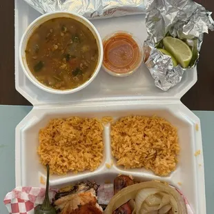 1/2 bird, rice, beans, 5 tortillas, onion, lime, jalapeño and salsa for $10