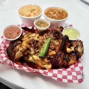 Full Chicken Meal. Comes with Rice &amp; Beans, a Jalapeño and 3 Salsas