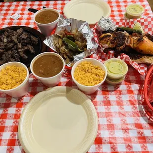 fajita, whole chicken, mexican rice, beans, guac, onions&amp;jalapeno, corn tortilla